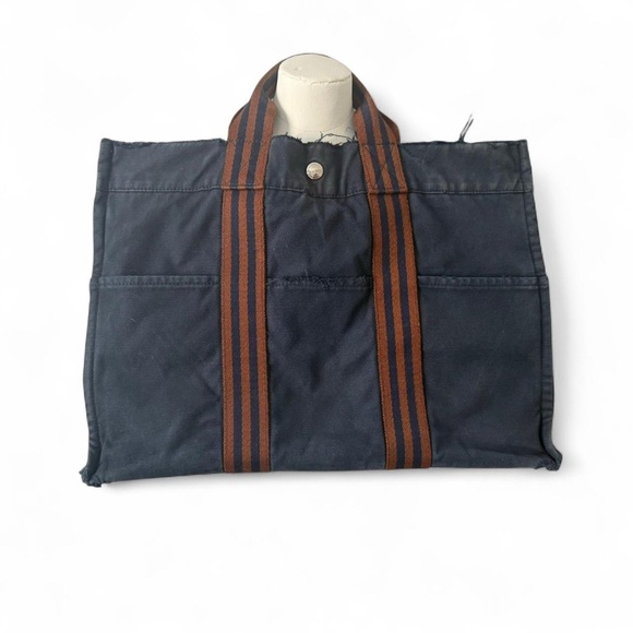 Hermes Paris navy and brown canvas tote bag - Picture 1 of 8